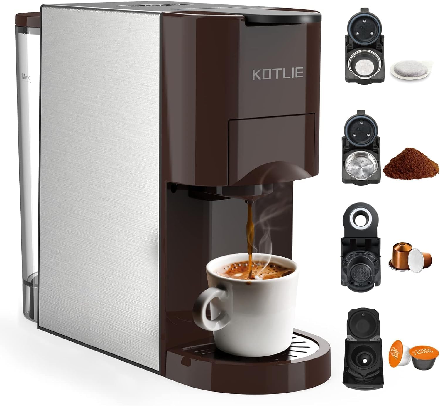 KOTLIE Espresso Coffee Machine, 4-in-1 Coffee Machine for Nespresso Original/Dolce Gusto/Flour/ESE Capsule Espresso Machine, 19 Bar Automatic Nespresso Capsules Coffee Machine