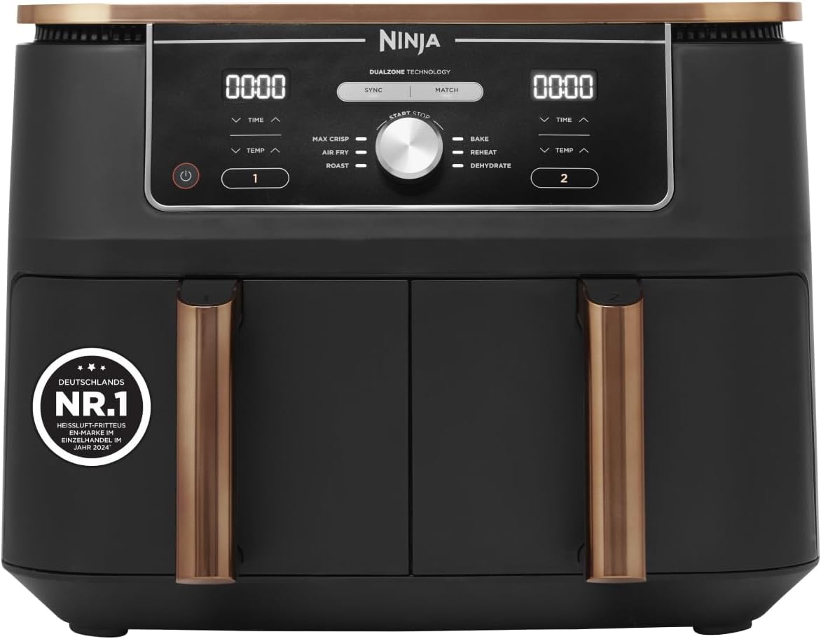 Ninja Foodi MAX Dual Zone Hot Air Fryer [AF400EUCP] Amazon Exclusive, ‎2470 Watt, 9.5 L, 2 Hot Air Fryer Compartments, 6 Functions, 27 x 41.5 x 32.5 cm, Copper/Black