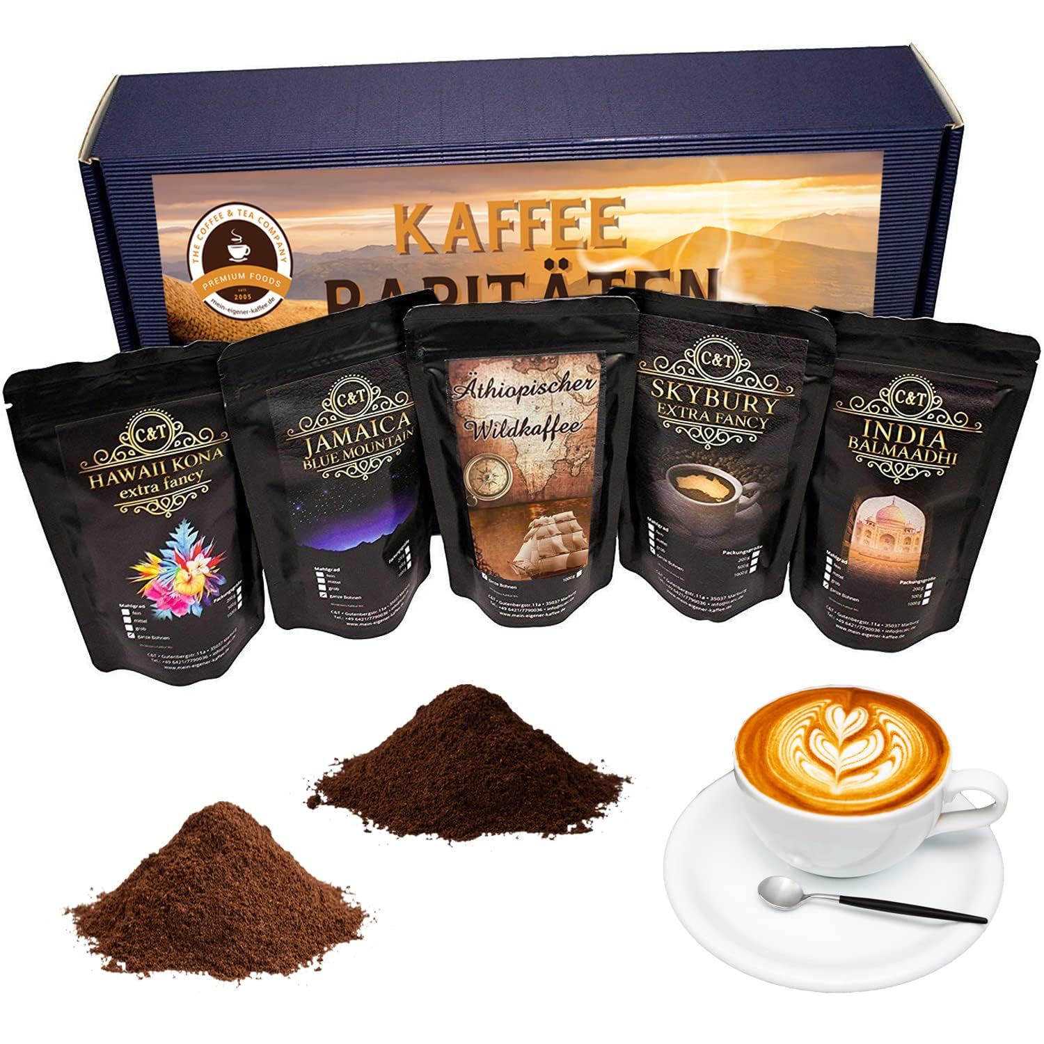 C&T Elegant and High-Quality Coffee Gift Set | 5 x Rarities 100g Each | Five Exclusive Coffee Charities Including Hawaii Kona + Jamaica Blue Mountain
