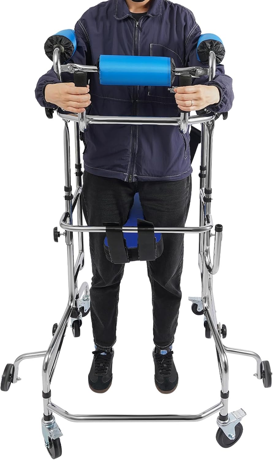 Sengfwin Walker Rollator, Upright Walker Rollator for Seniors, IV Stand, 10-way Height Adjustable 116-140 cm, 5-way Width Adjustable 20-35 cm, MAX 100 kg, 8 Wheels (6 with Brakes)