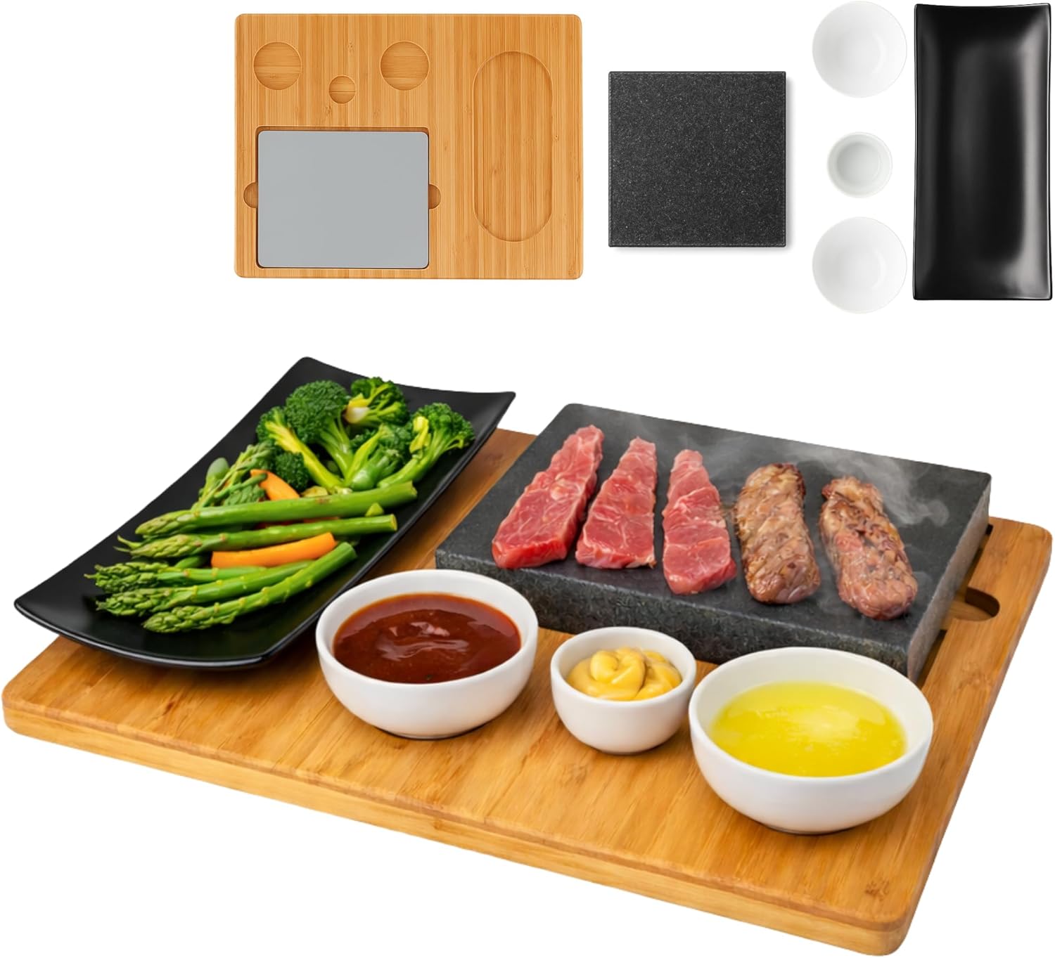 CAWI Lava Stone Steak Board, Serving Plate, Bamboo Board with Hot Stone Grill, Steak Grill Plate, Stone Plate, Table Grill Set