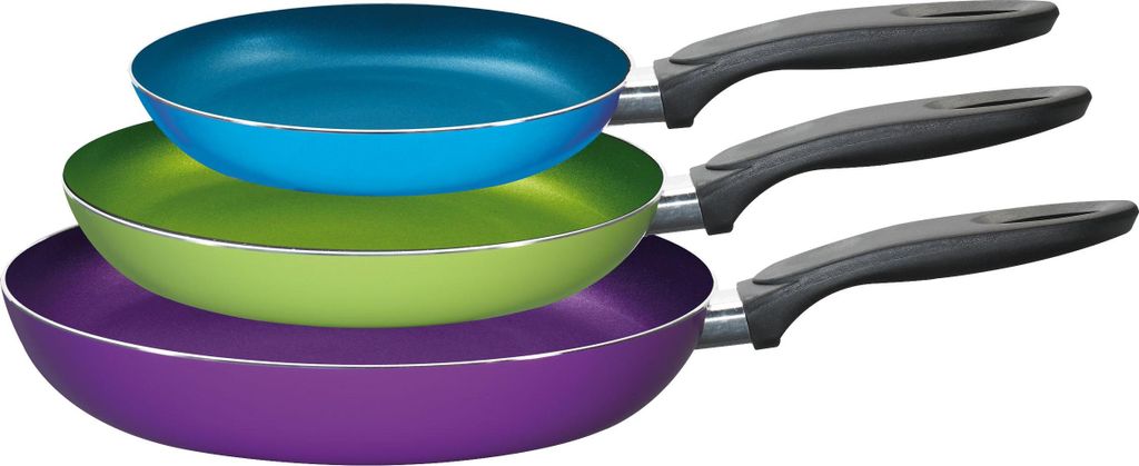 3-piece frying pan set KING® ALU with ceramic coating / Sizes: 20, 24, & 28cm / Colors: light blue, green, purple