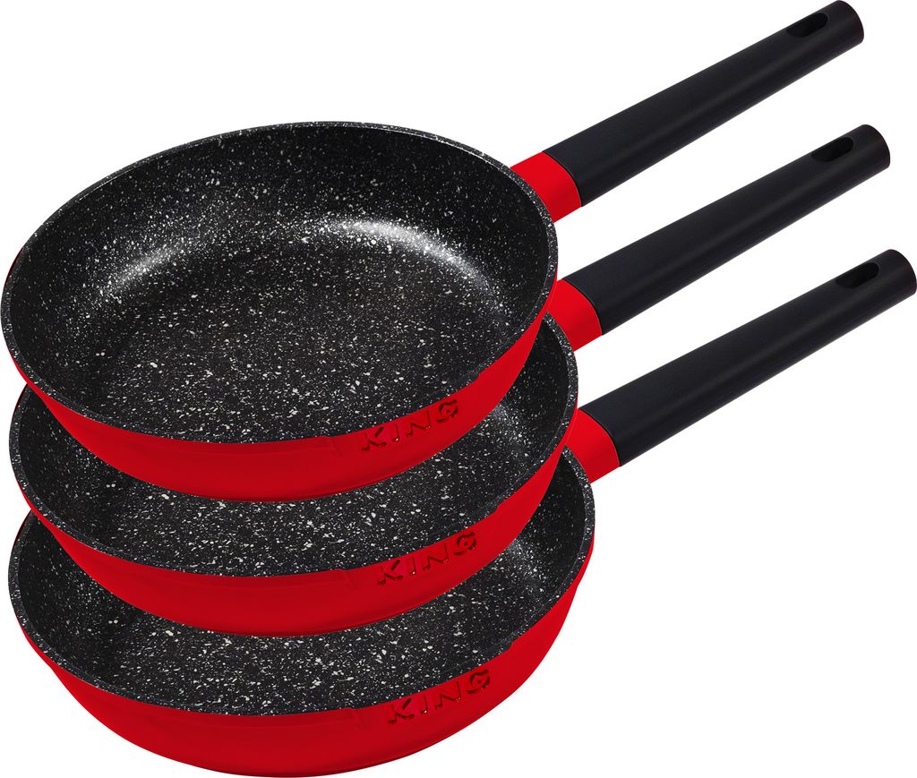 3-piece frying pan set / KING® SHINE RED / Pan sizes Ø20cm, Ø24cm, Ø28cm / with non-stick ceramic coating inside: FUSION TI