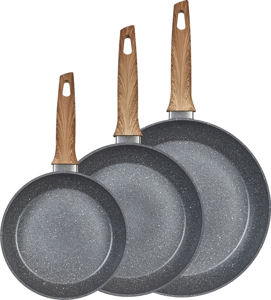 3-piece KING® ESSENTIAL frying pan set Ø20, 24, 28cm made of aluminum with durable non-stick coating inside / grey marbled with wood-look handle