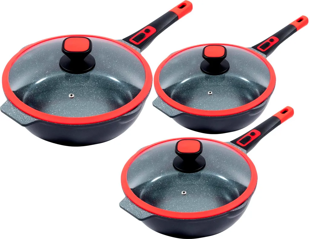 3-piece KING® Advantage Set Click-Grip Red: 24cm frying pan incl. glass lid + 28cm frying pan incl. glass lid + 32cm frying pan incl. glass lid