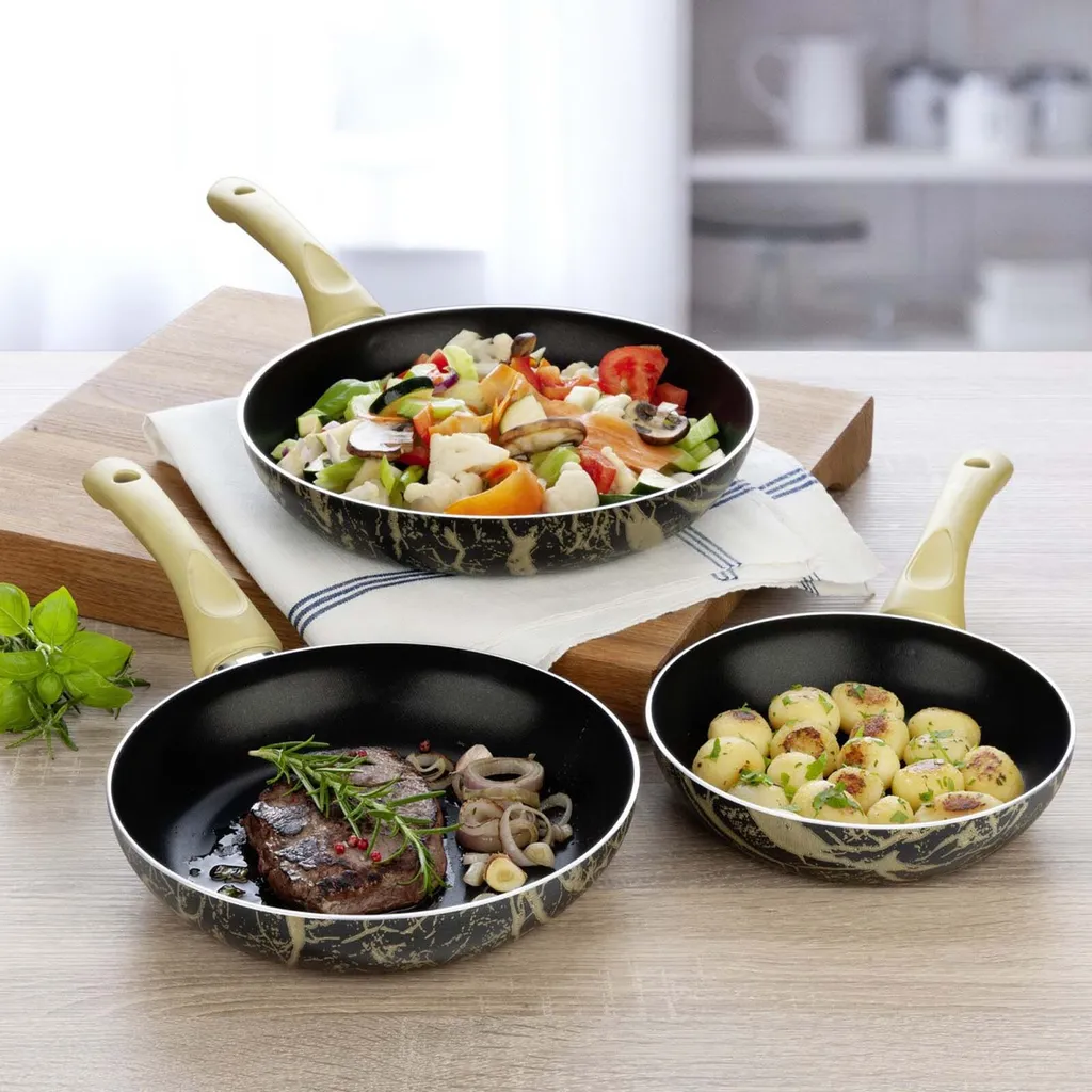 HAC24 3-piece frying pan set, aluminum, marble look, Ø 20 cm, 24 & 28 cm, non-stick, induction compatible, frying pan, pan