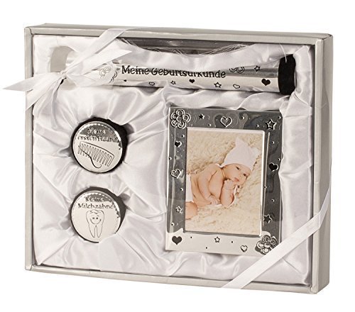 Unbekannt Baby Set in Silver with Picture Frame, 2 Boxes for Milk Teeth and First Hair and a Tube for Birth Certificate 22 x 26.5 cm