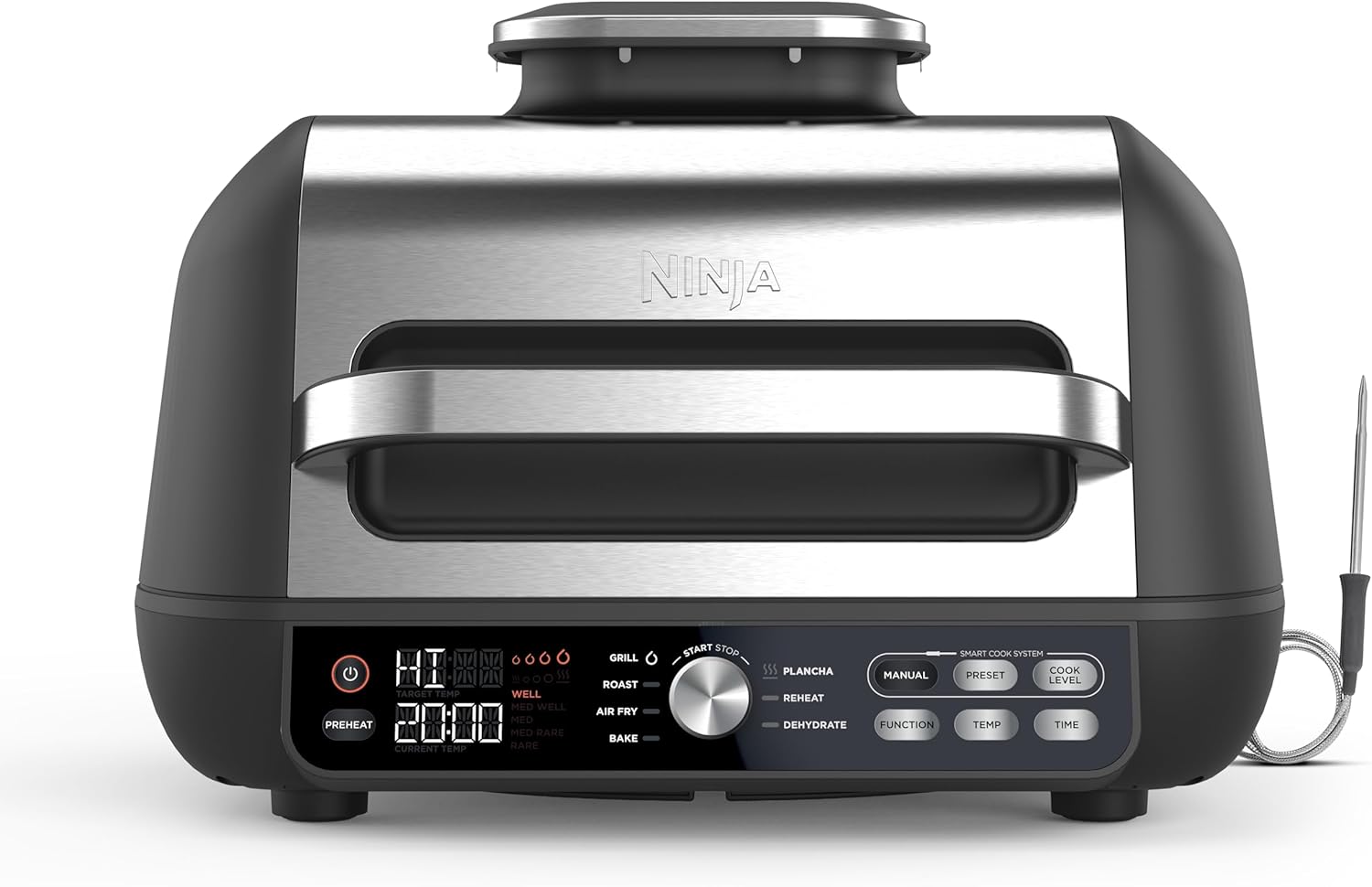 Ninja Foodi MAX PRO Grill, Plancha Flat Grill Plate & Airfryer, 3.8 L Hot Air Fryer, Air Fryer with Digital Temperature Sensor, Dishwasher Safe Parts, 7-in-1, Silver/Black AG651EU