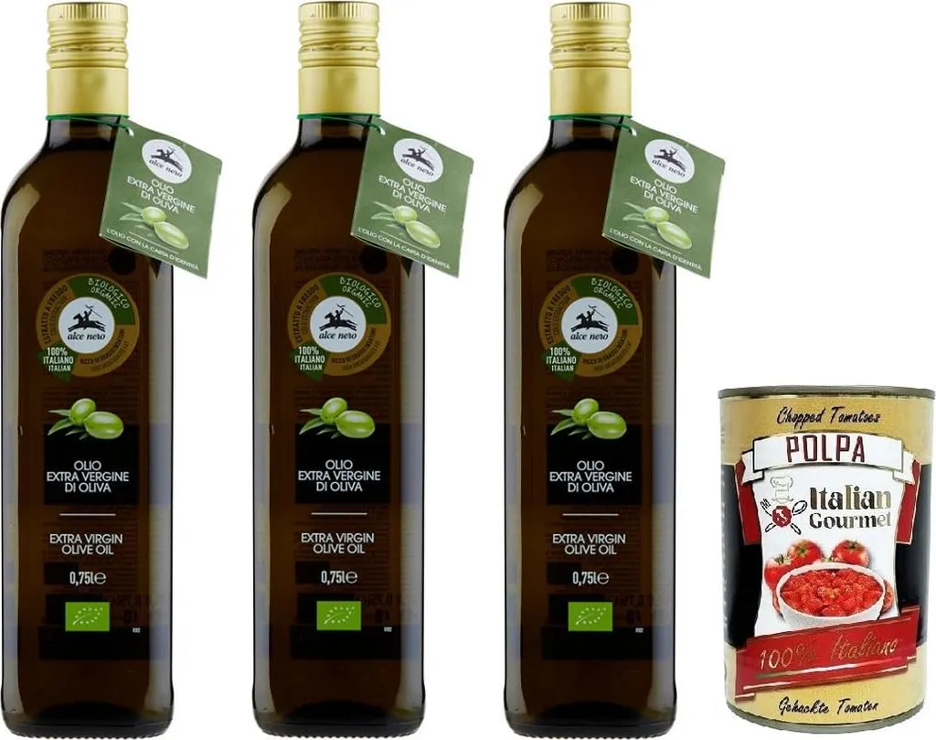 3x Alce Nero Olio 100% Italian - Extra Virgin Olive Oil, with Italian olives, 750ml glass bottle + Italian Gourmet Polpa di Pomodoro 400g can 2650 ml