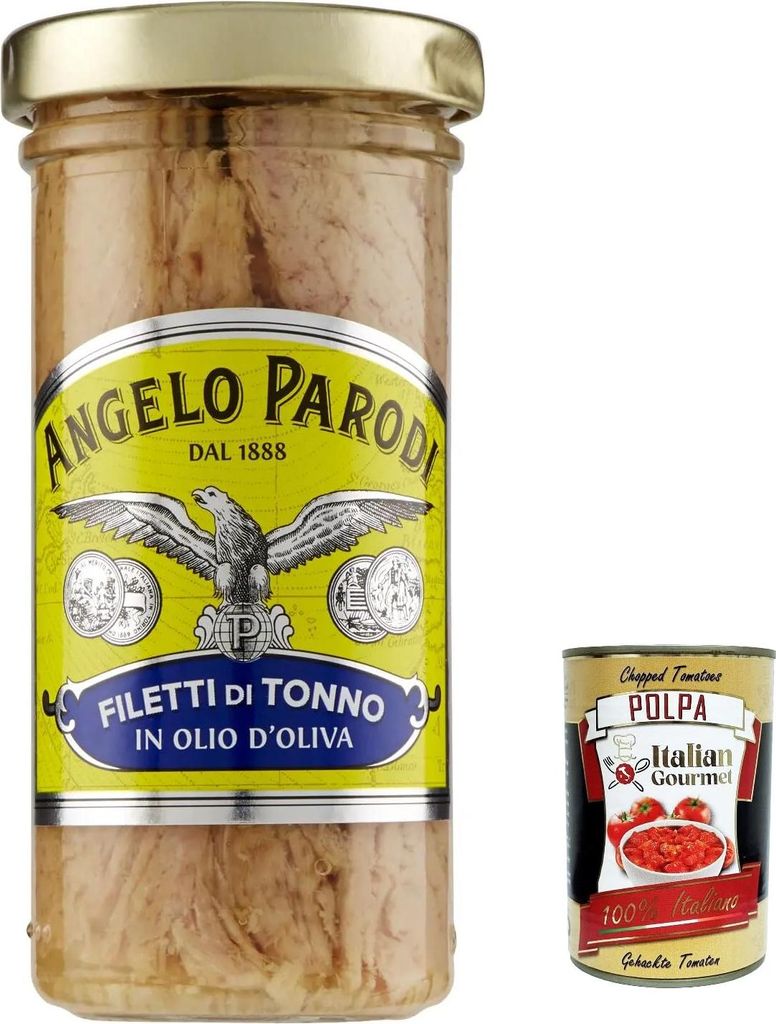3x Angelo Parodi Filetti di Tonno in Olio dOliva in vetro, tuna fillets in olive oil in glass 150g + Italian Gourmet polpa 400g