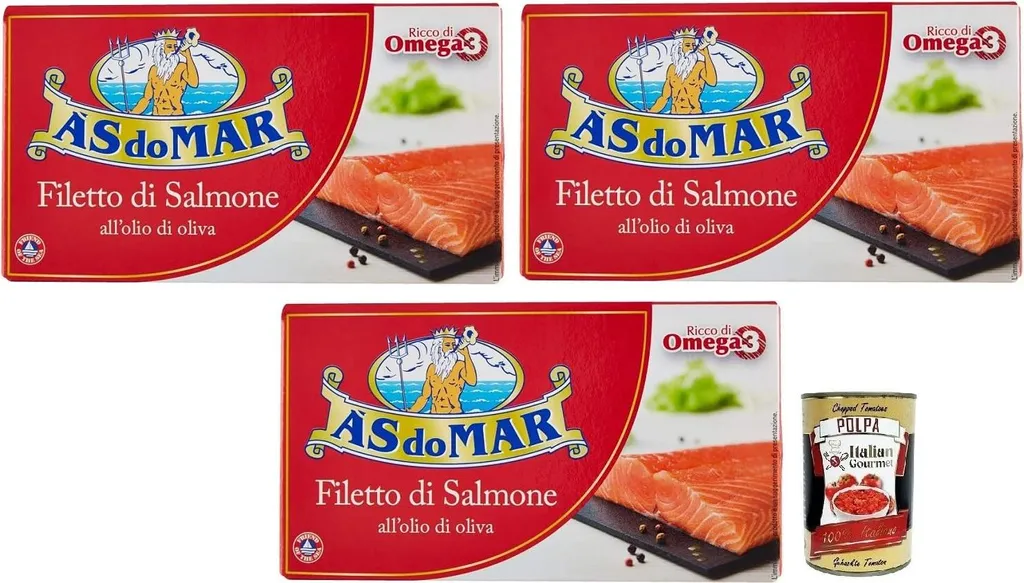 3x AS do MAR Filetto di Salmone allOlio di Oliva, salmon fillet in olive oil, rich in Omega 3, can 150g + Italian Gourmet Polpa di Pomodoro 400g can 850g