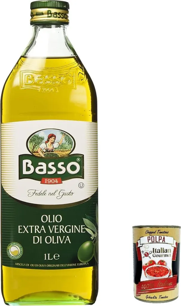 3x Basso extra virgin olive oil, 100% Italian extra virgin olive oil - cold-pressed, 1 liter + Italian Gourmet polpa 400g 3400 ml