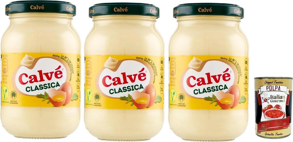 Calve 3x Calvé Maionese Classica with sunflower oil, ideal for sandwiches and candies, preservative-free and sugar-free, gluten-free, 225 ml + Italian Gourmet polpa 400g