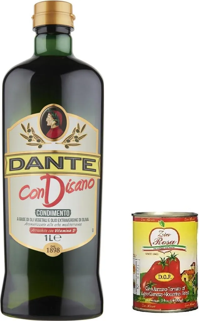3x Dante Condisano, a blend of vegetable oils and extra virgin olive oil, enriched with vitamin D. 1000ml + Zia Rosa DOP Pomodoro San Marzano 400g tin 3400 ml