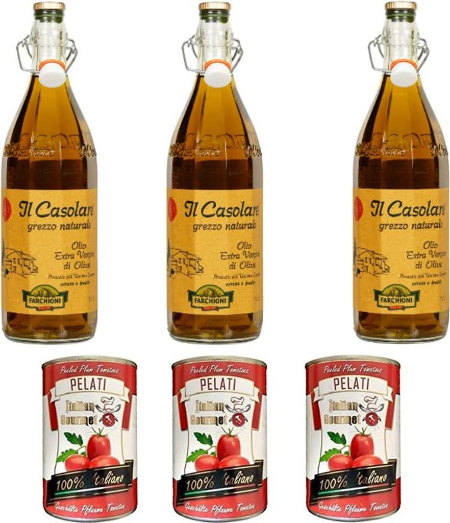 3x Farchioni Casolare Extra Virgin Olive Oil 1Lt 100% virgin olive oil + Italian Gourmet 100% Italian peeled tomatoes cans 3x 400g