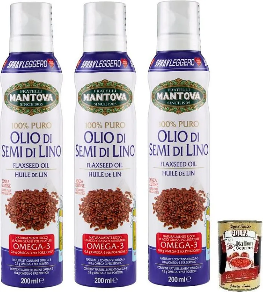 3x Fratelli Mantova Olio Spray Semi di Lino Linseed Oil, Linseed Oil Spray, Rich in Omega 3, Gluten-Free 200ml + Italian Gourmet Polpa di Pomodoro 400g Can 1000 ml