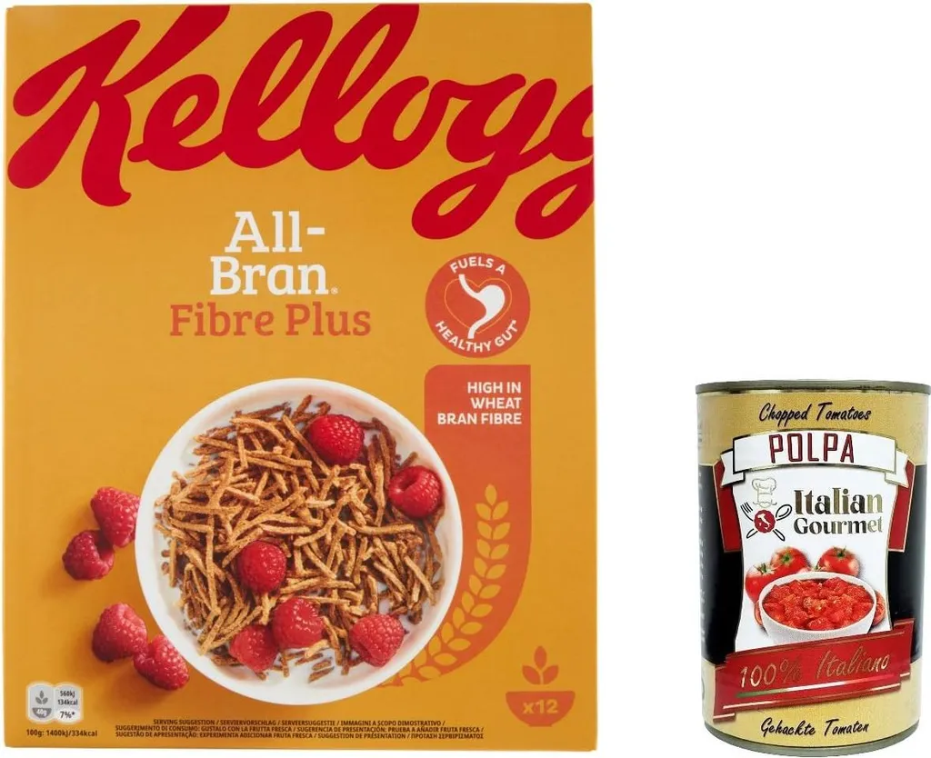 3x Kellogg's All-Bran Fibre Plus Mixed Cereal, Full Wheat Fiber 500g Grain Muesli rich in fiber + Italian Gourmet Polpa 400g