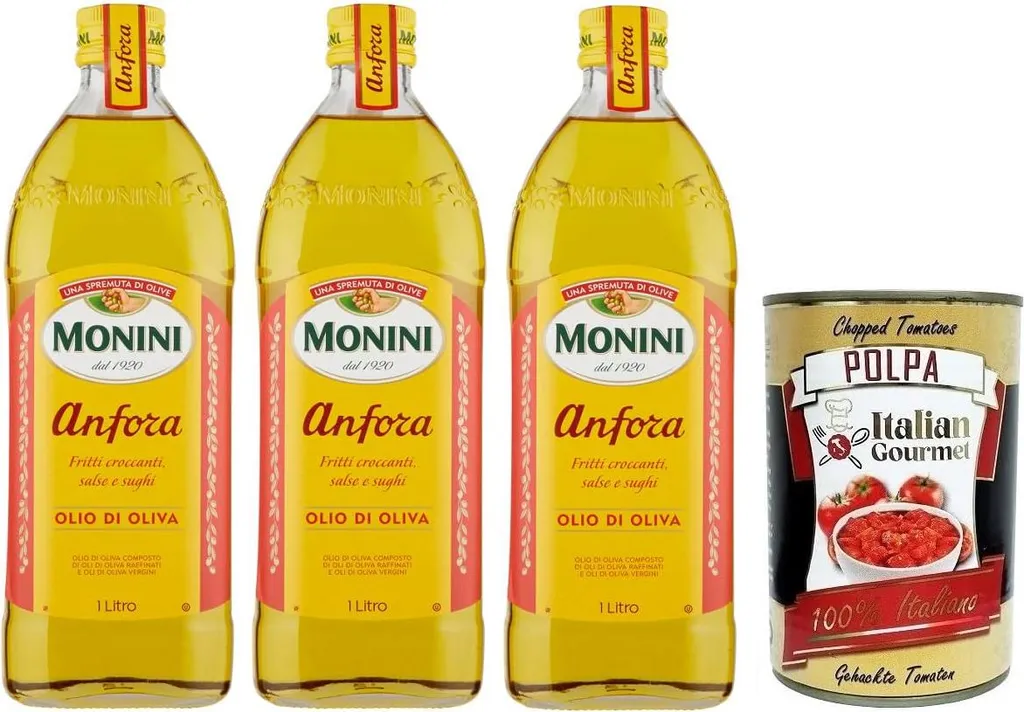 Lutz 3x Monini Anfora Olive Oil, ideal for crispy fried foods, sauces and gravies, 1L jar + Italian Gourmet Tomato Polpa 400g can 1000 ml