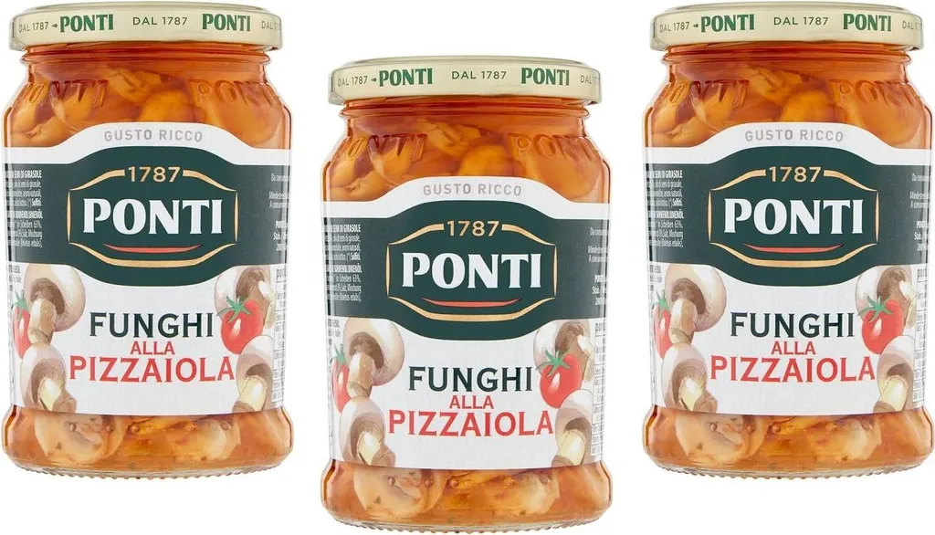 3x Ponti Funghi Prataioli alla Pizzaiola in Olio di Semi di Girasole Pizzaiola mushrooms in sunflower oil 280g jar 840g