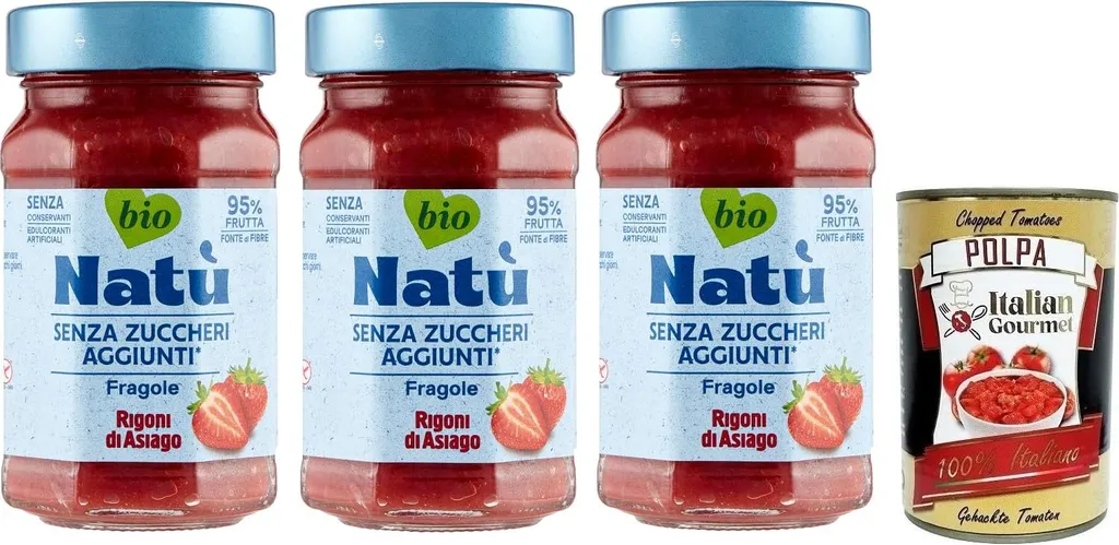 3x Rigoni di Asiago Natù Fragole - Strawberry Preparation, Strawberry Jam No Added Sugar 240g + Italian Gourmet Polpa di Pomodoro 400g Can 1120g