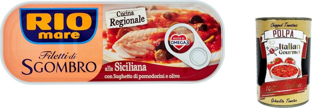 Italian Gourmet E.R. 3x Rio Mare Filetti di Sgombro alla Siciliana mackerel fillets with tomato-olive sauce 120g rich in Omega 3 + Italian Gourmet polpa 400 360g
