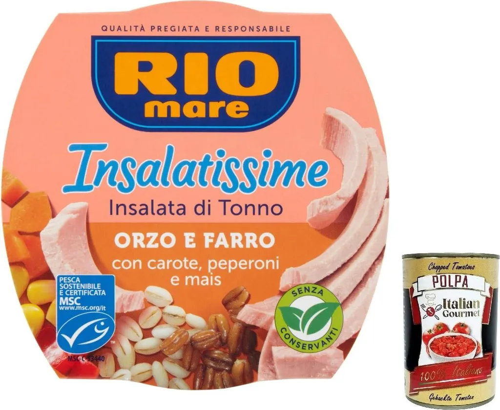 3x Rio Mare Insalatissime Orzo Farro e Tonno (Barley, Spelt and Tuna) 160g with Carrots, Peppers and Corn Ready Meals + Italian Gourmet Polpa 400g