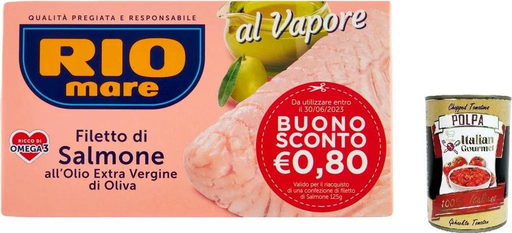 3x Rio mare salmon fillets with extra virgin olive oil, steam-cooked, rich in Omega 3, 125g + Italian Gourmet polpa 400g