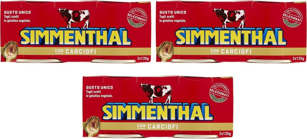 3x Simmenthal con Carciofi Ready meal made from beef in vegetable jelly Canned meat with artichokes (2 x 135g) 810g