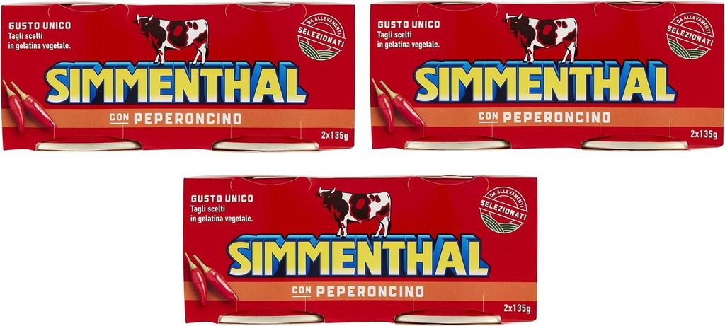 SIMMENTHAL 3x Simmental con Peperoncino Ready meal made from beef in vegetable jelly Canned meat with chili (2 x 135g) 810g