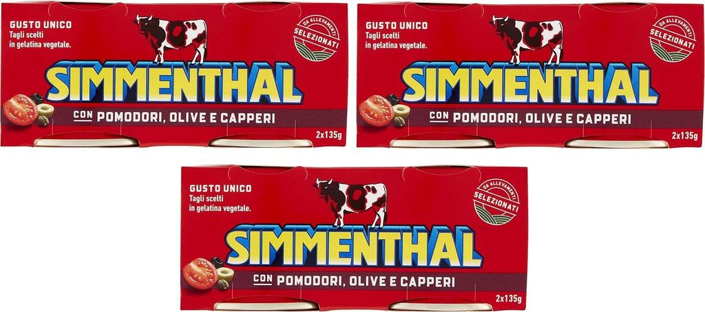 3x Simmenthal con Pomodori Olive e Capperi Ready meal made from beef in vegetable jelly Canned meat with tomatoes, olives and capers (2 x 135g) 810g