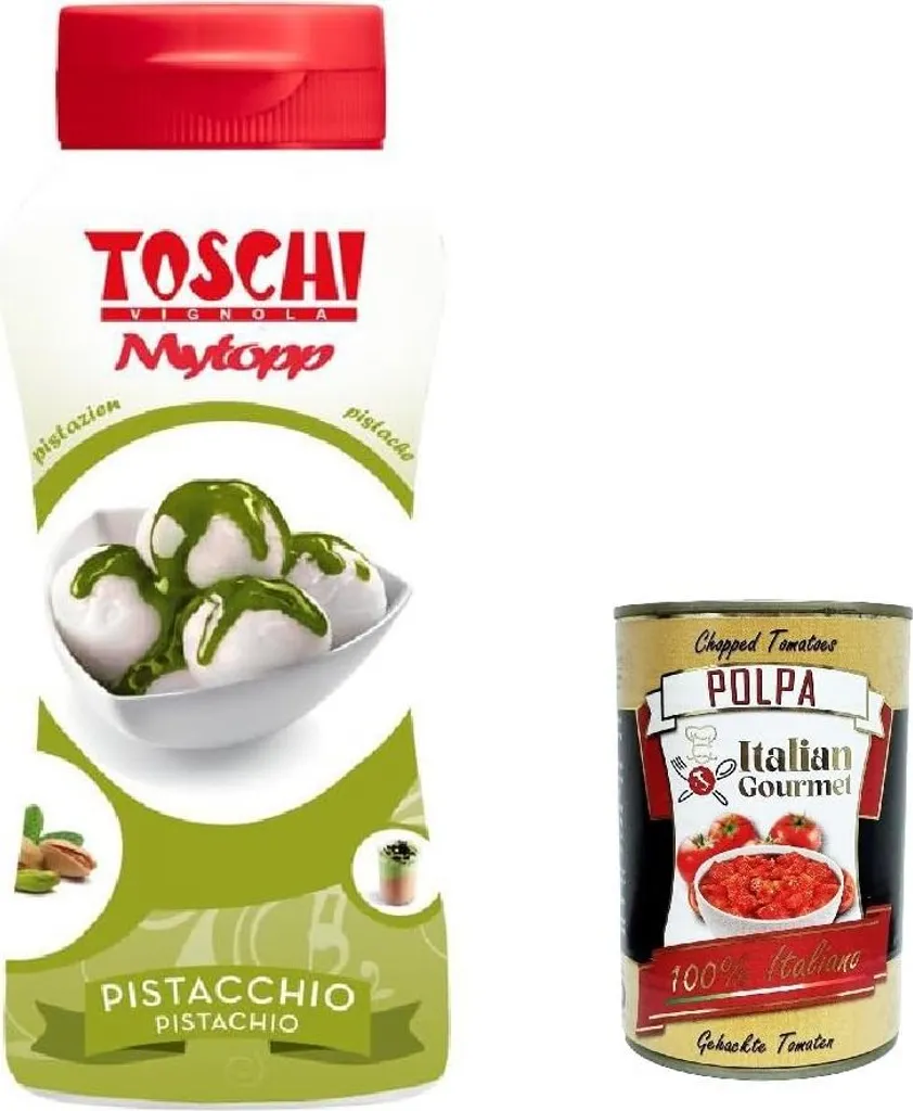 3x Toschi Topping Squeeze Pistachio, topping sauce for coffee, cocktails, ice cream, porridge, pancakes and pastries 200g + Italian Gourmet polpa 400g
