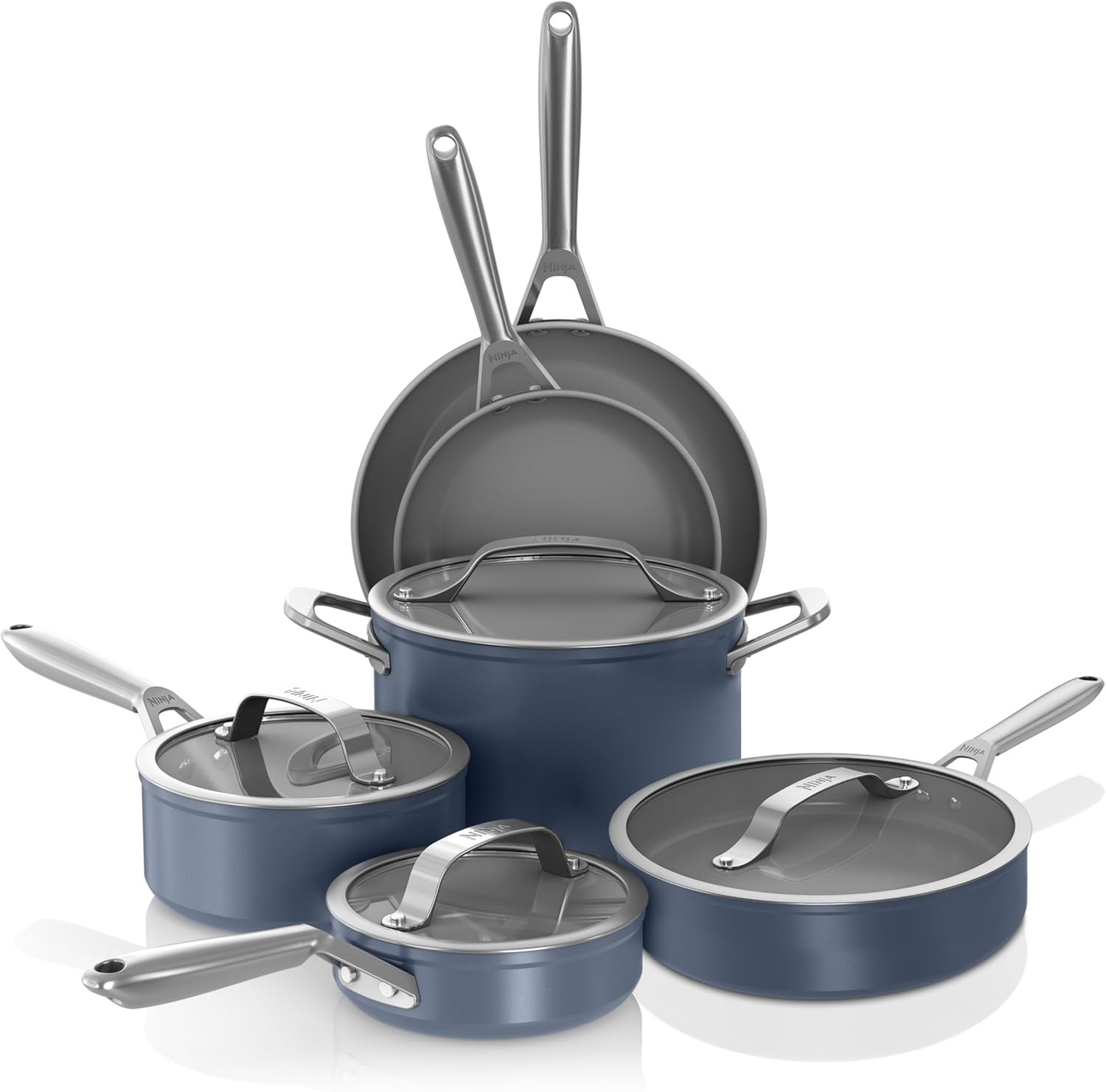 Ninja Ceramic Pro Cookware Set, 10-Piece Non-Stick Cookware Set with Glass Lids, PTFE Free, Ceramic Coating, Oven Safe, Compatible