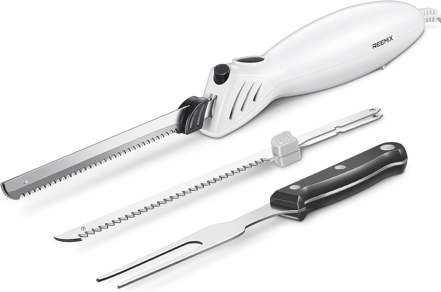Reemix Electric Knife Kitchen Electric Knife for Meat Kitchen Knife Electric for Bread, Usable Blade Length 15 cm, Stainless Steel Knife Blade Pairs with Fine and Coarse Teeth (Milky White)