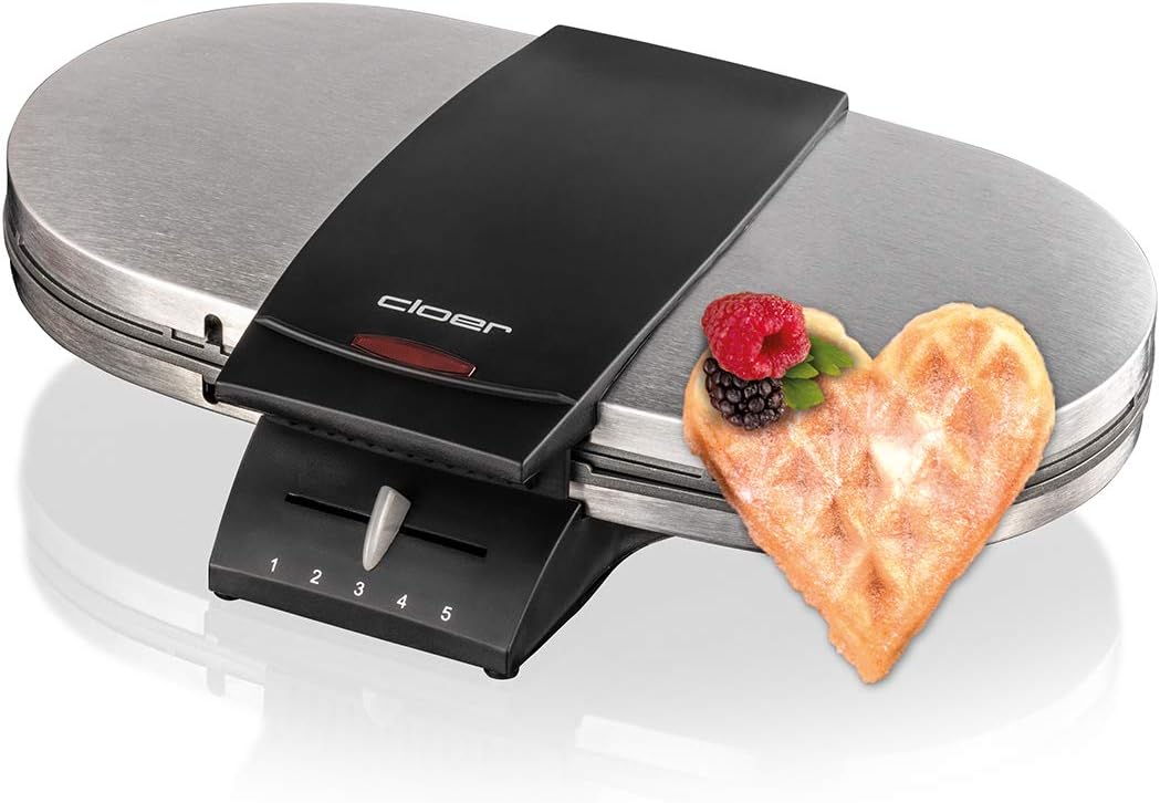 Cloer 1329 Double Waffle Iron for two heart-shaped waffles, 1700 W, waffle size 15.5 cm each, visual ready indicator, matte stainless steel housing