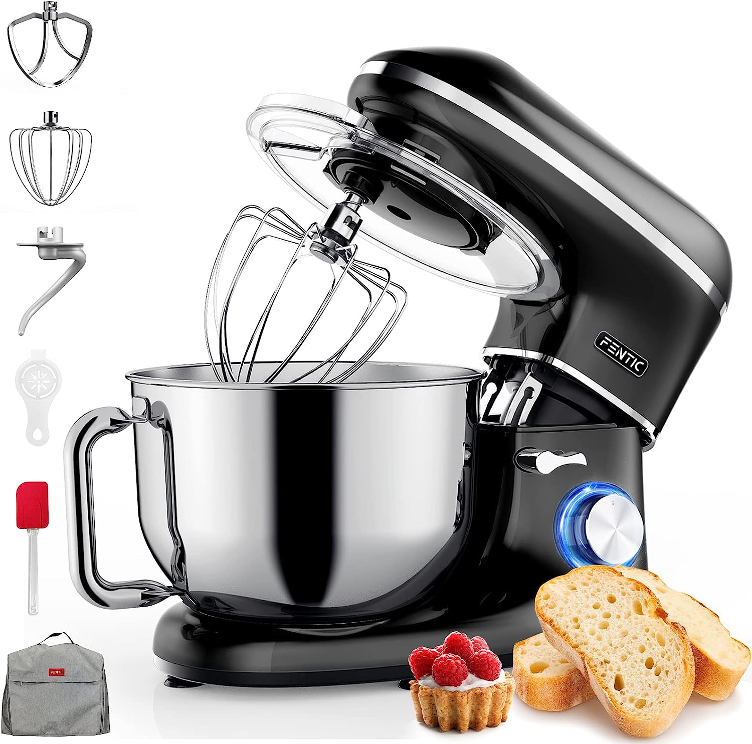 FENTIC FOOD Processor - 1500 W - Stainless Steel Mixing Bowl (6.2 L) - Kitchen Mixer with Mixing HOOK, Dough Hook, Whisk and Splash Guard - Includes Protective Cover and Additional Accessories (Black)