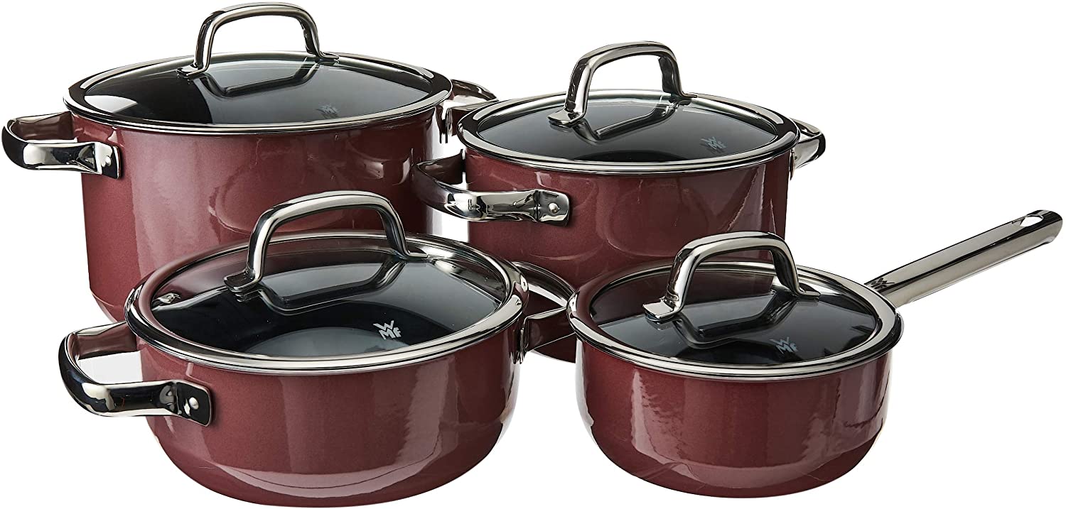 WMF Fusiontec Mineral Saucepan Set Induction 4-Piece Cooking Pot Set with Glass Lid, High-Tech Ceramic, Induction Pots Set, Nickel-Free, Scratch-Resistant, Red