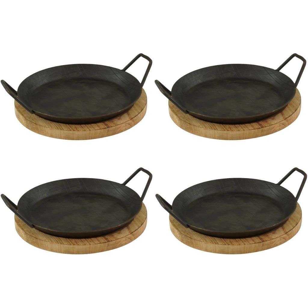 GVKECO 4 wrought iron serving pans with two side handles and a board, ø 24cm