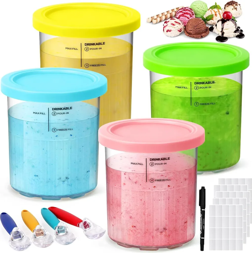 BundiGlassware 4-piece Creami container set for Ninja Creami NC501 and NC500 series, ice cream container with 4 spoons for Ninja ice cream maker accessories, ice cream container, BPA-free, dishwasher safe