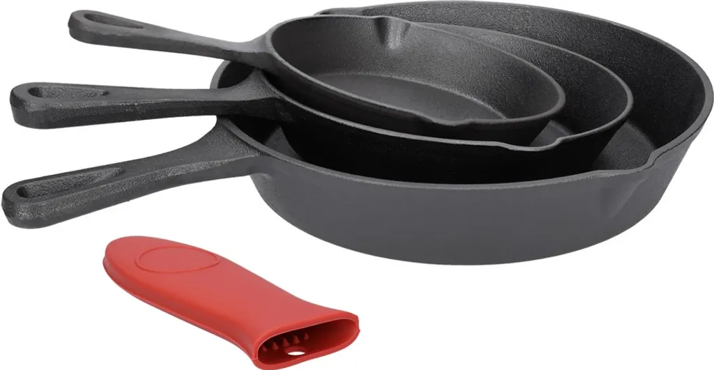 Talk-Point 4-piece cast iron frying pan set consisting of Ø20 + Ø25 + Ø30cm + silicone handle