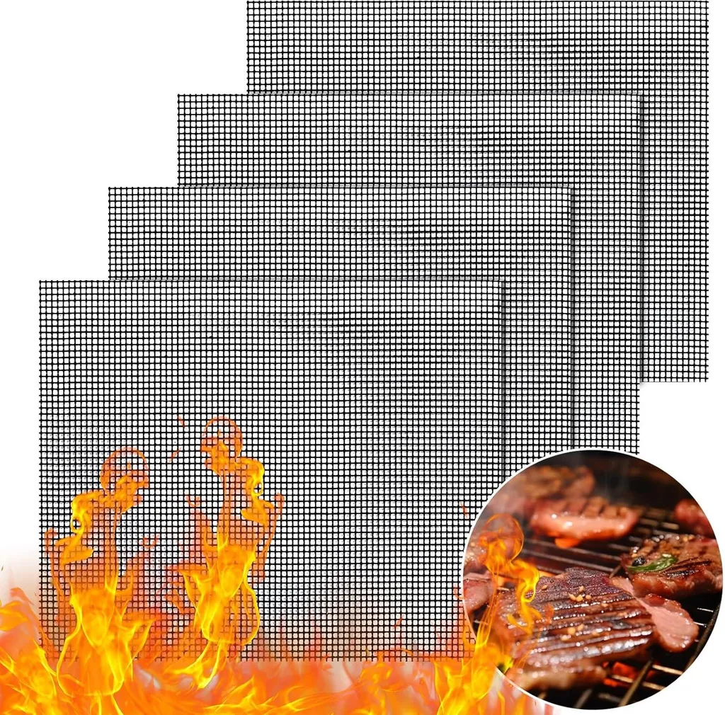 snq 4 x BBQ Grill Mat for Grilling, Baking, Grill Mesh Mat Set, Non-Stick Grill Net, Heat-Resistant, Reusable, 40 x 33 cm