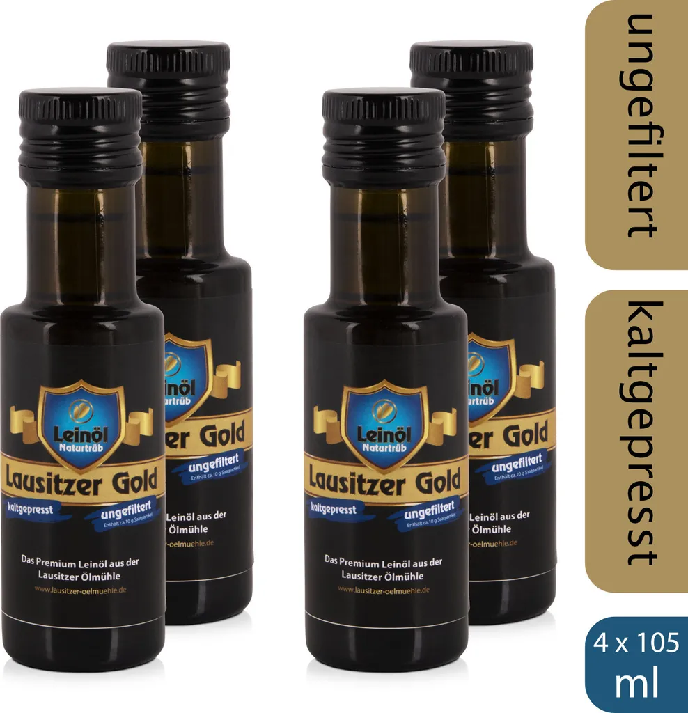 Lausitzer Ölmühle Hoyerswerda 4 x Lausitzer Linseed Oil - Lausitzer Gold (cold-pressed unfiltered premium linseed oil), 4 x 105ml