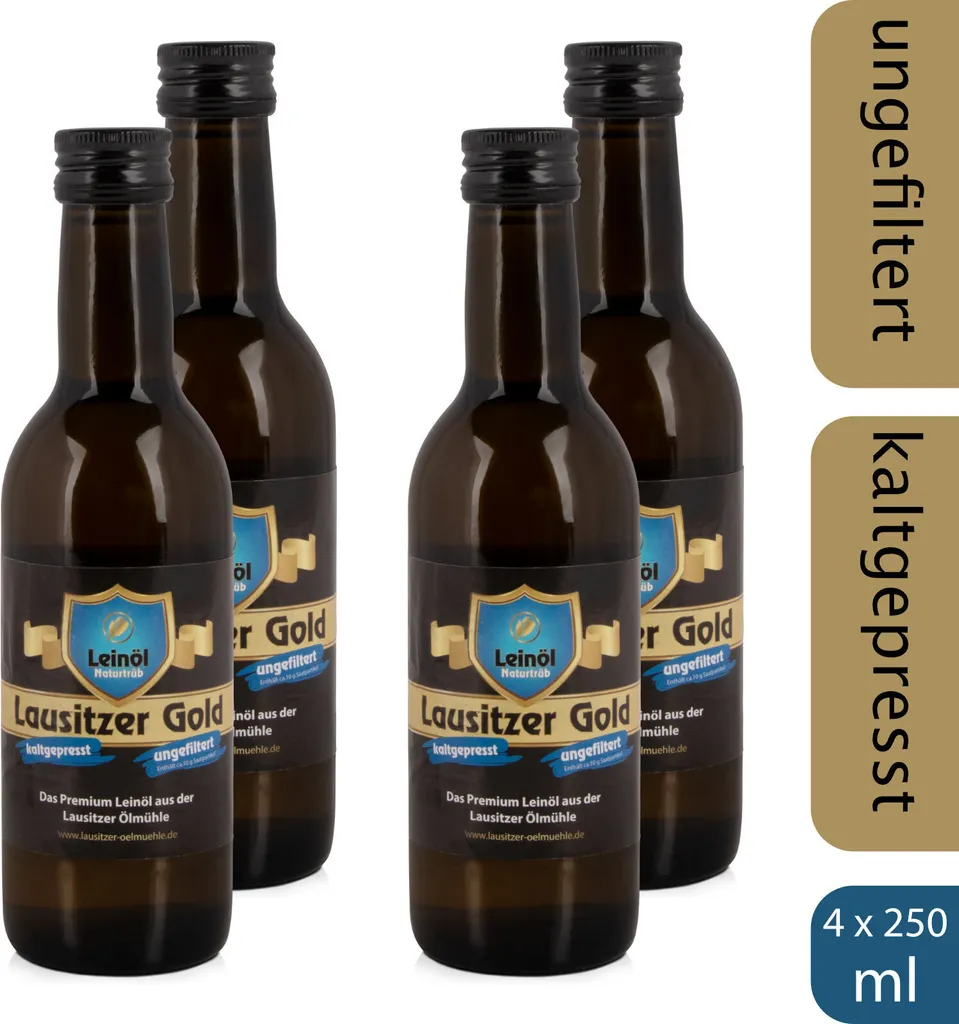 Lausitzer Ölmühle Hoyerswerda 4 x Lausitzer Linseed Oil - Lausitzer Gold (cold-pressed unfiltered premium linseed oil), 4 x 250ml