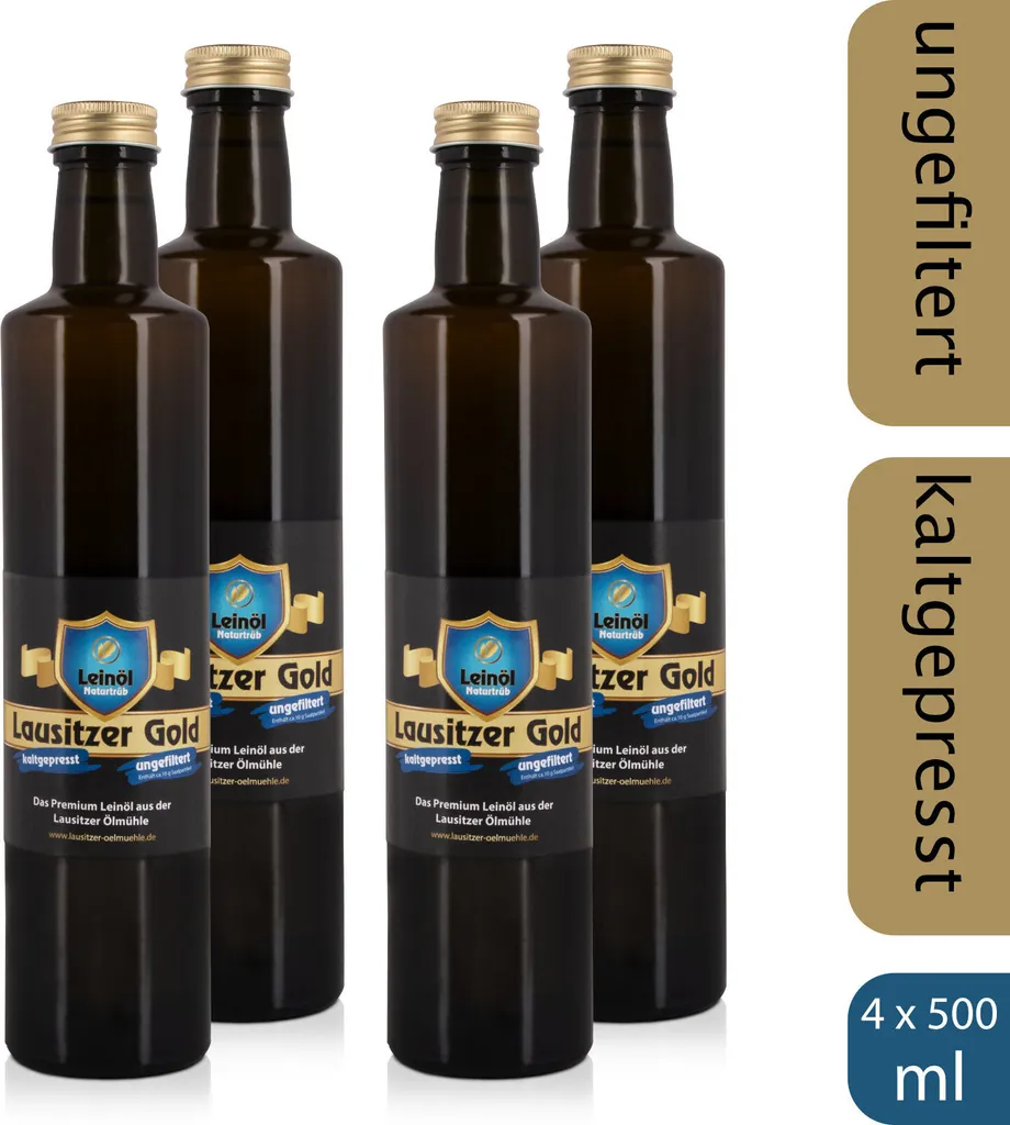 Lausitzer Ölmühle Hoyerswerda 4 x Lausitzer Linseed Oil - Lausitzer Gold (cold-pressed unfiltered premium linseed oil), 4 x 500ml