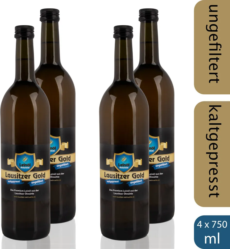 Lausitzer Ölmühle Hoyerswerda 4 x Lausitzer Linseed Oil - Lausitzer Gold (cold-pressed, unfiltered premium linseed oil), 4 x 750ml