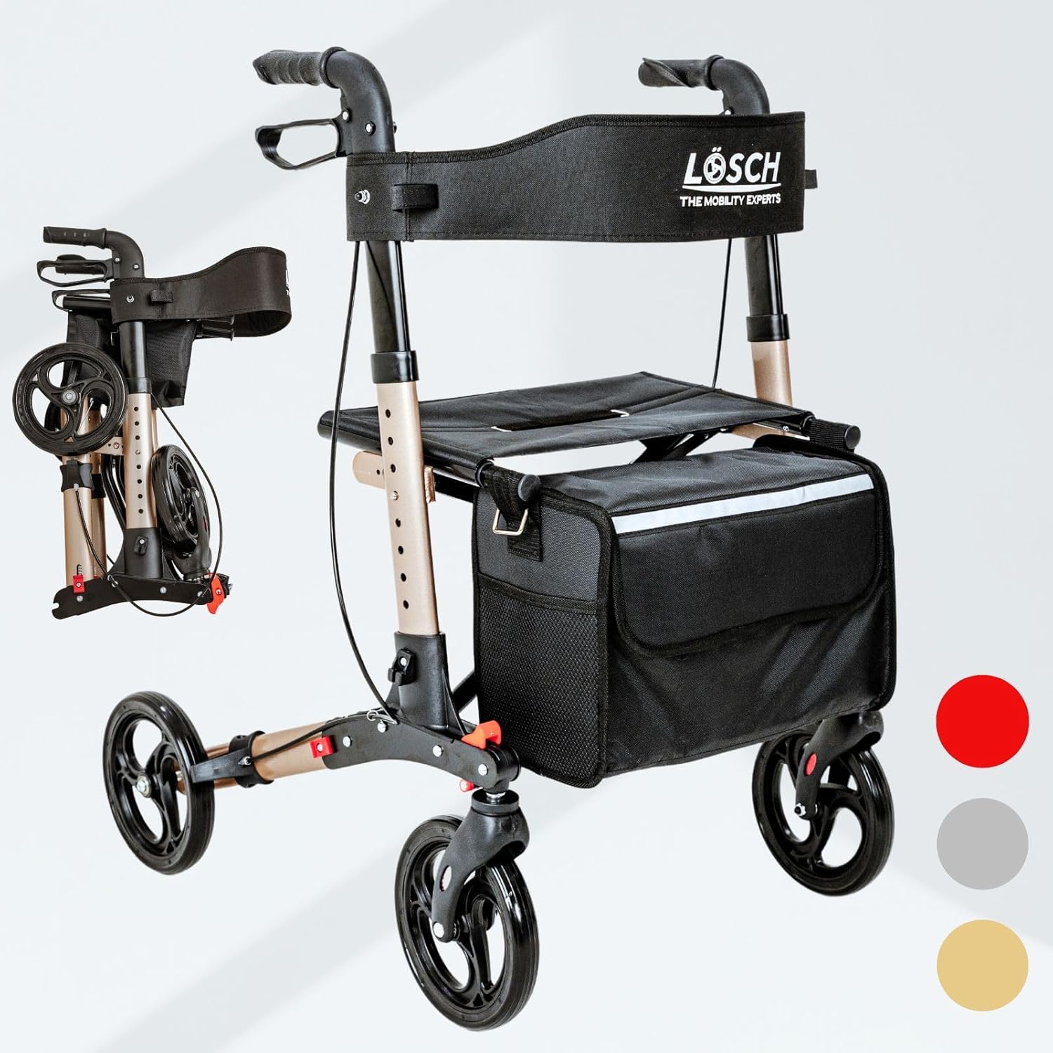 Tabas Mobility Rollator I Indoor & Outdoor Rollator Foldable and Lightweight with PU Tires & Seat Option I Height-Adjustable Travel Walker with Bag & Stick Holder I Walking Aid in Champagne