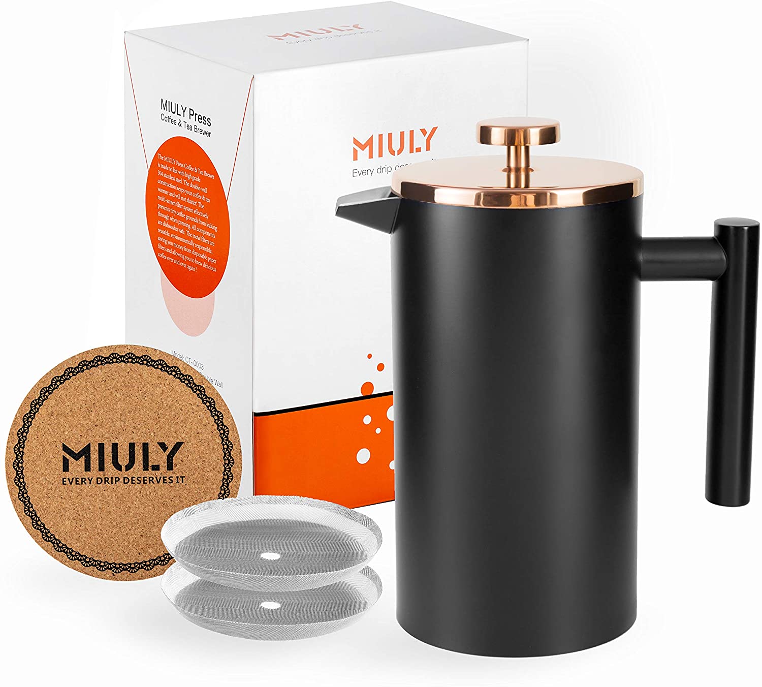 MaxMiuly Coffee Maker French Press 1 Litre Small Coffee Maker Double-Walled Stainles