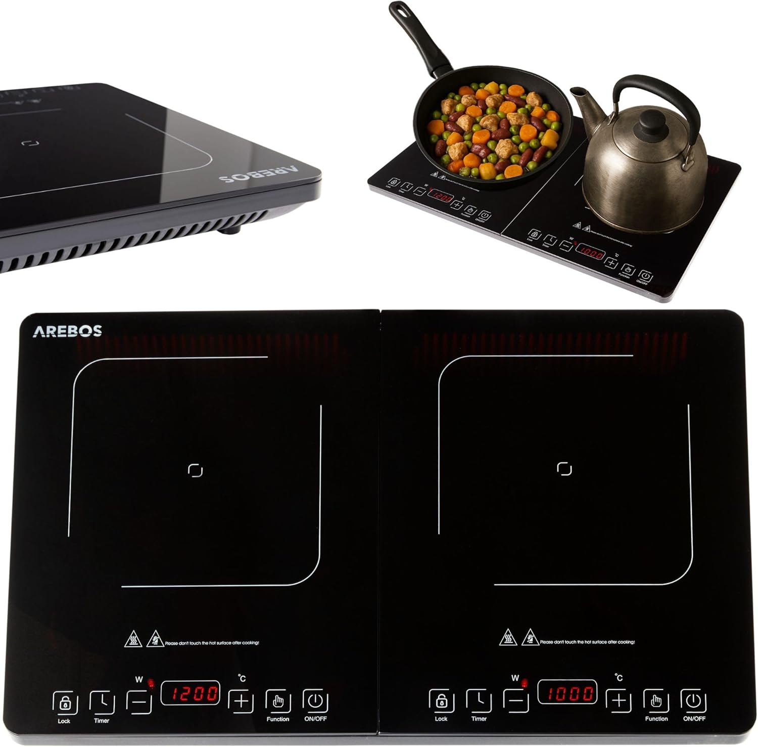 Arebos Double Induction Hob 3500 W | 2 Cooking Zones with Touch Display & Timer | Induction Hob Portable for Camping, Outdoor & Kitchen | Overheating Protection | Energy Efficient