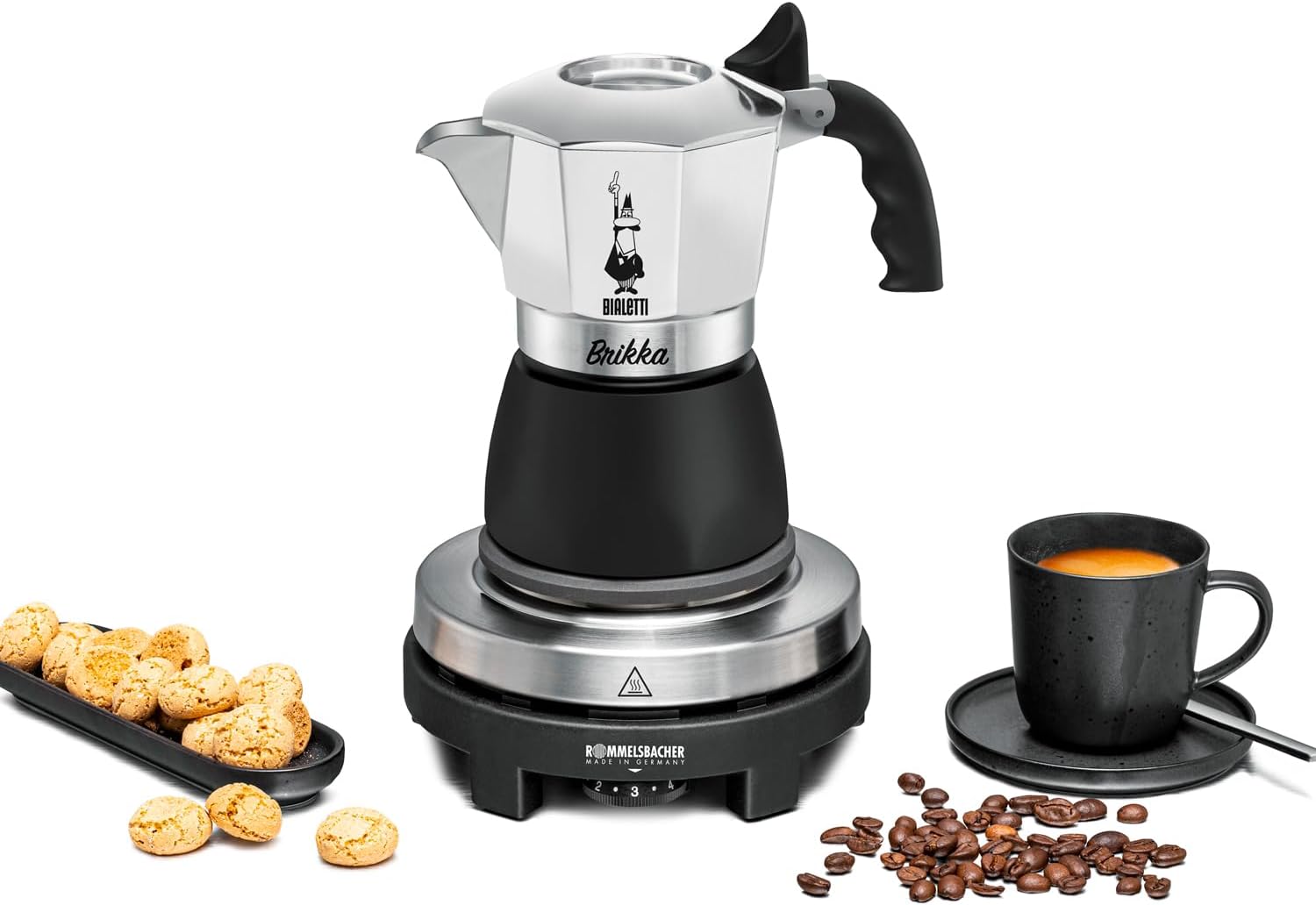 Rommelsbacher Store Rommelsbacher Espresso Gift Set RK 505/K, Mini Cooking Plate, 80 mm Diameter, Infinitely Adjustable, Original Bialetti Moka Jug, 90 ml, Brewing System for Crema Formation, Black/Silver