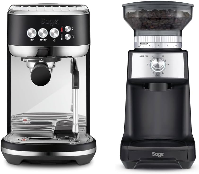 Sage The Bambino Plus Coffee Machine & Tin Control Pro Coffee Grinder - Espresso Machine with Milk Frother & 60 Grinding Settings - Combination Pack - Black Truffle