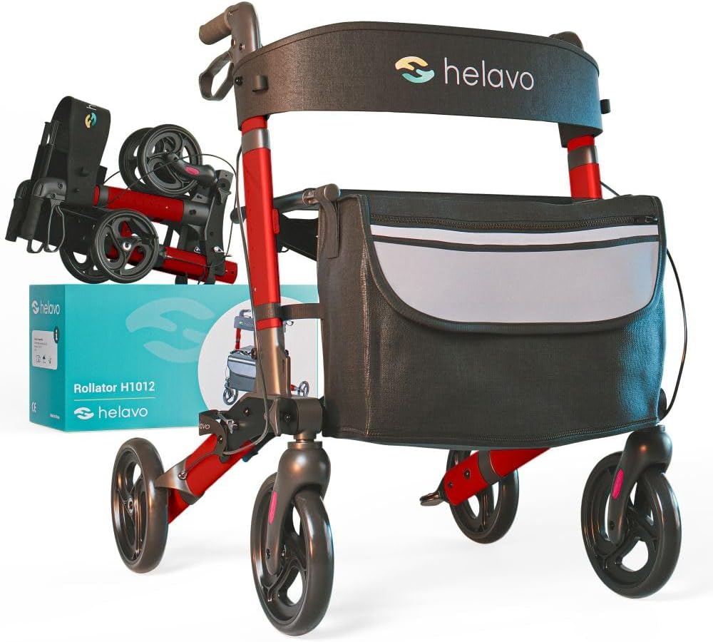 Helavo Foldable Rollator with Seat - Lightweight Rollator for Seniors Made of Aluminum for Indoor and Outdoor Use - Compact Folding, Height Adjustable, 4 Wheels, with Backrest